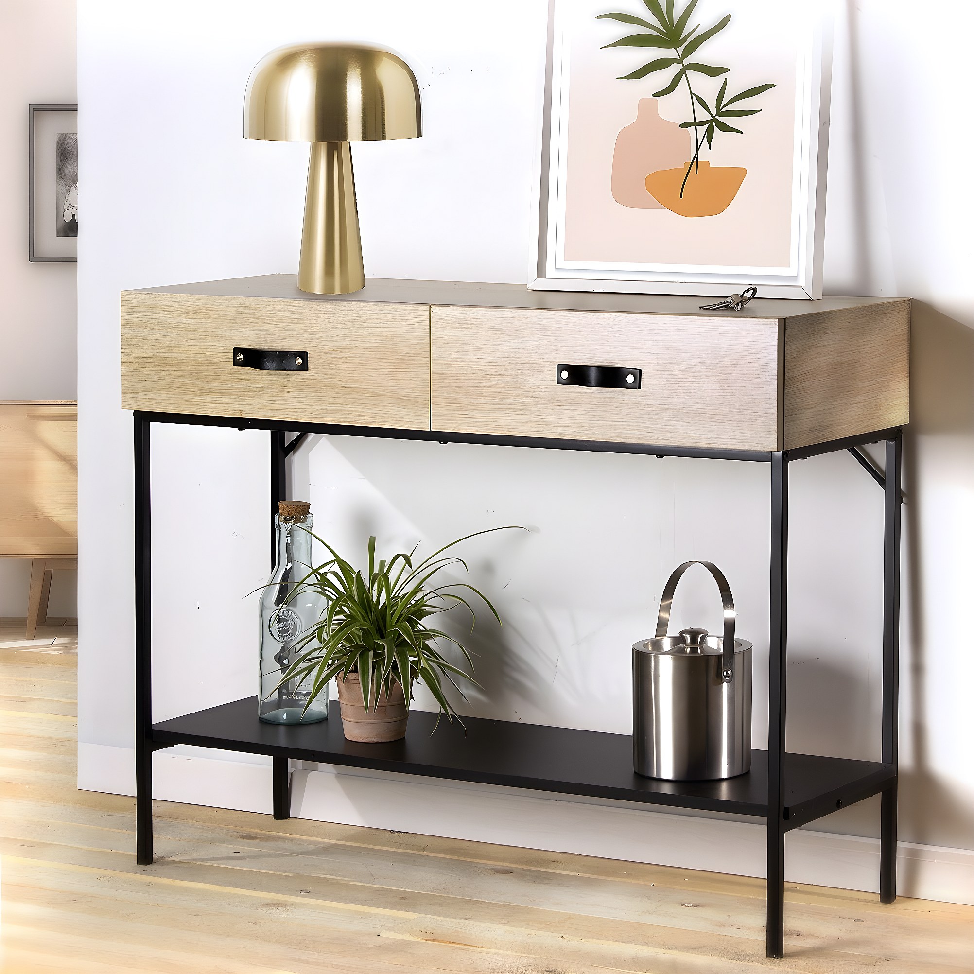 Console Haute Calicosy 2 Tiroirs - Décor Chêne 79x29x86,5 Cm - Meuble Entrée Salon