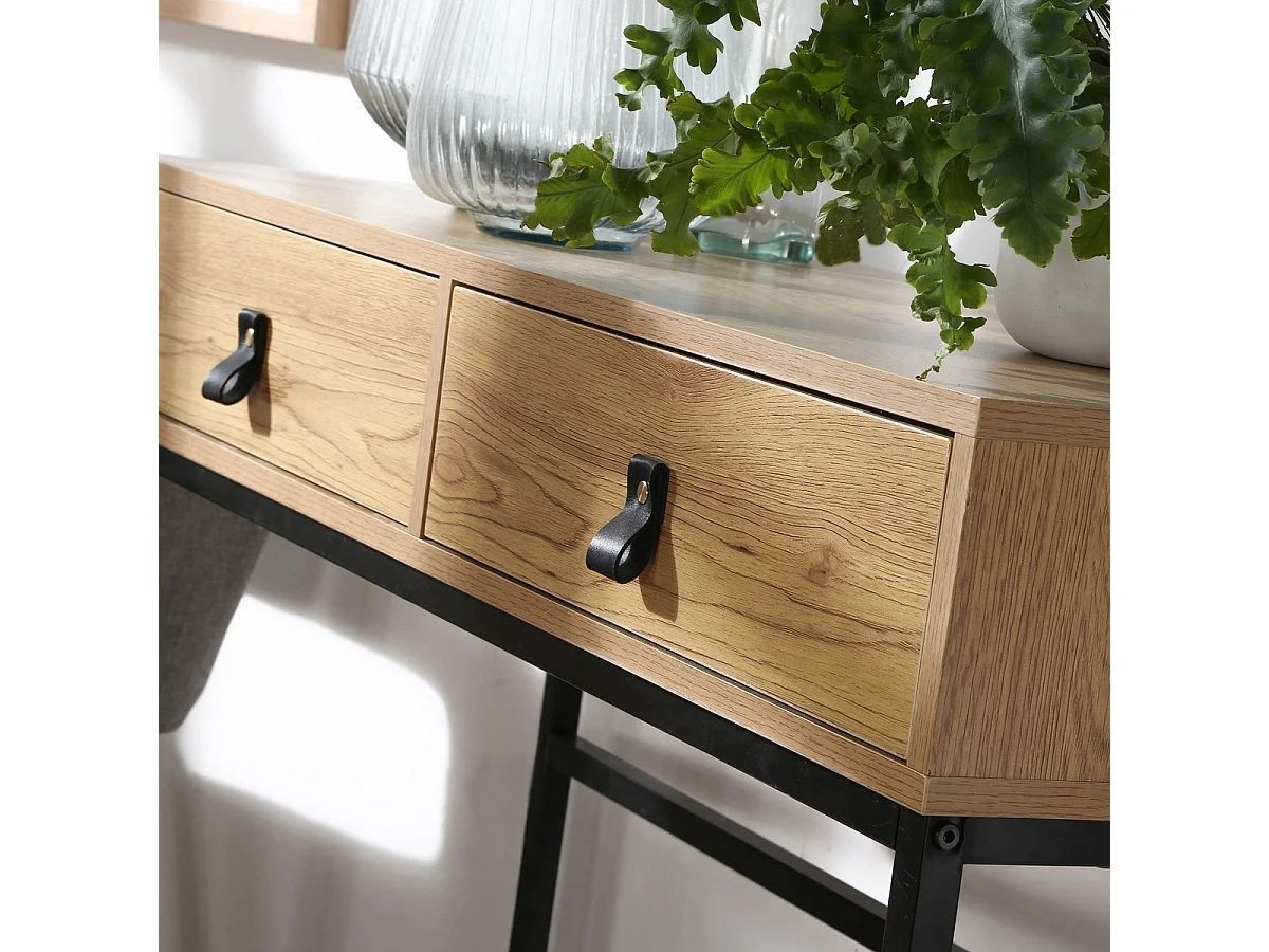 Console 2 Tiroirs Pieds Métal Effet Chêne - JILL