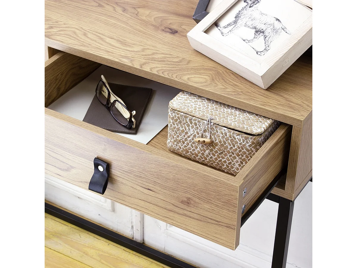 Console 2 Tiroirs Pieds Métal Effet Chêne - JILL