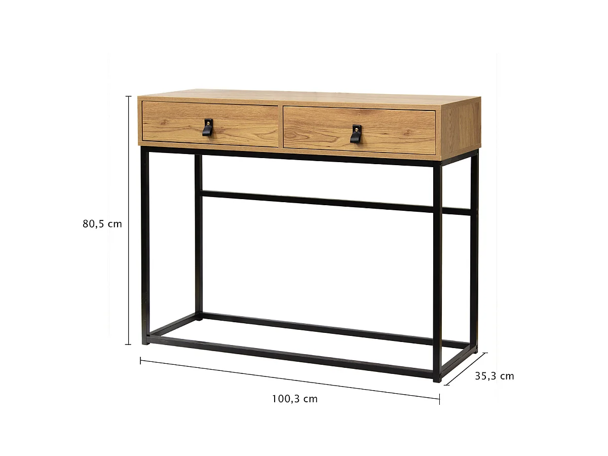 Console 2 Tiroirs Pieds Métal Effet Chêne - JILL