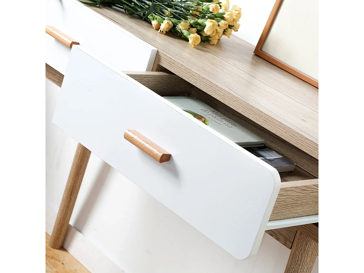 Console 2 Tiroirs Scandinave Bois et blanc - L100 x H75cm