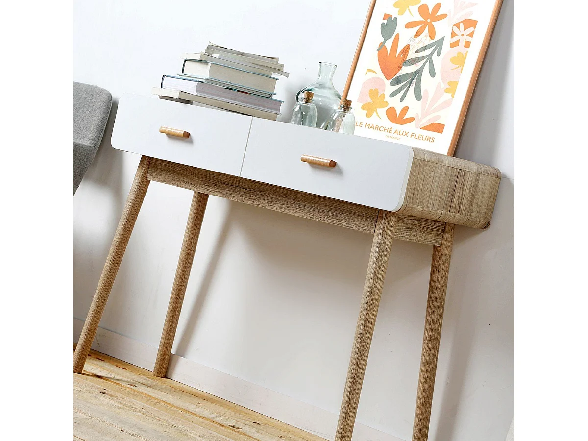 Console 2 Tiroirs Scandinave Bois et blanc - L100 x H75cm