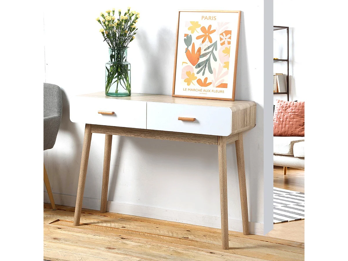 Console 2 Tiroirs Scandinave Bois et blanc - L100 x H75cm