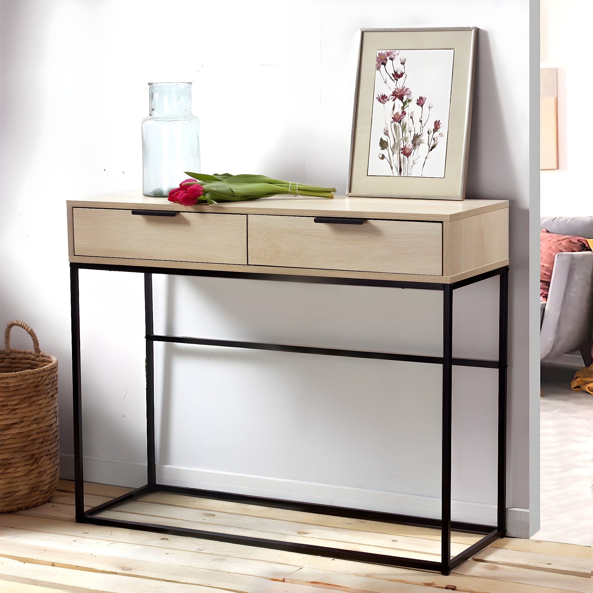 Console 2 tiroirs décor chêne clair et métal noir