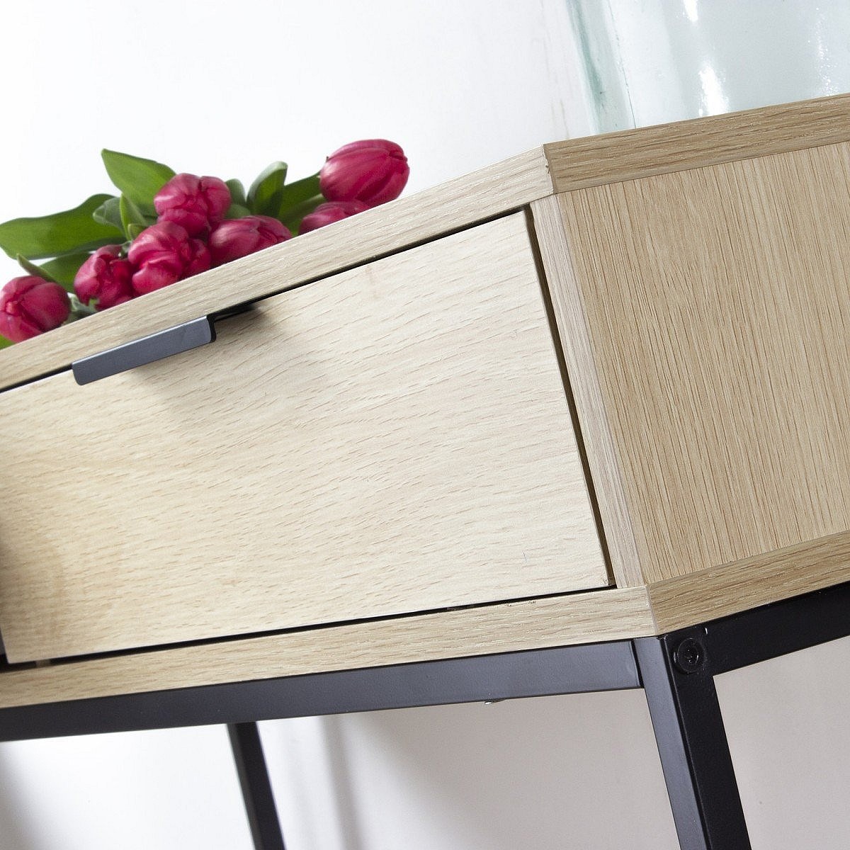 Console 2 tiroirs décor chêne clair et métal noir