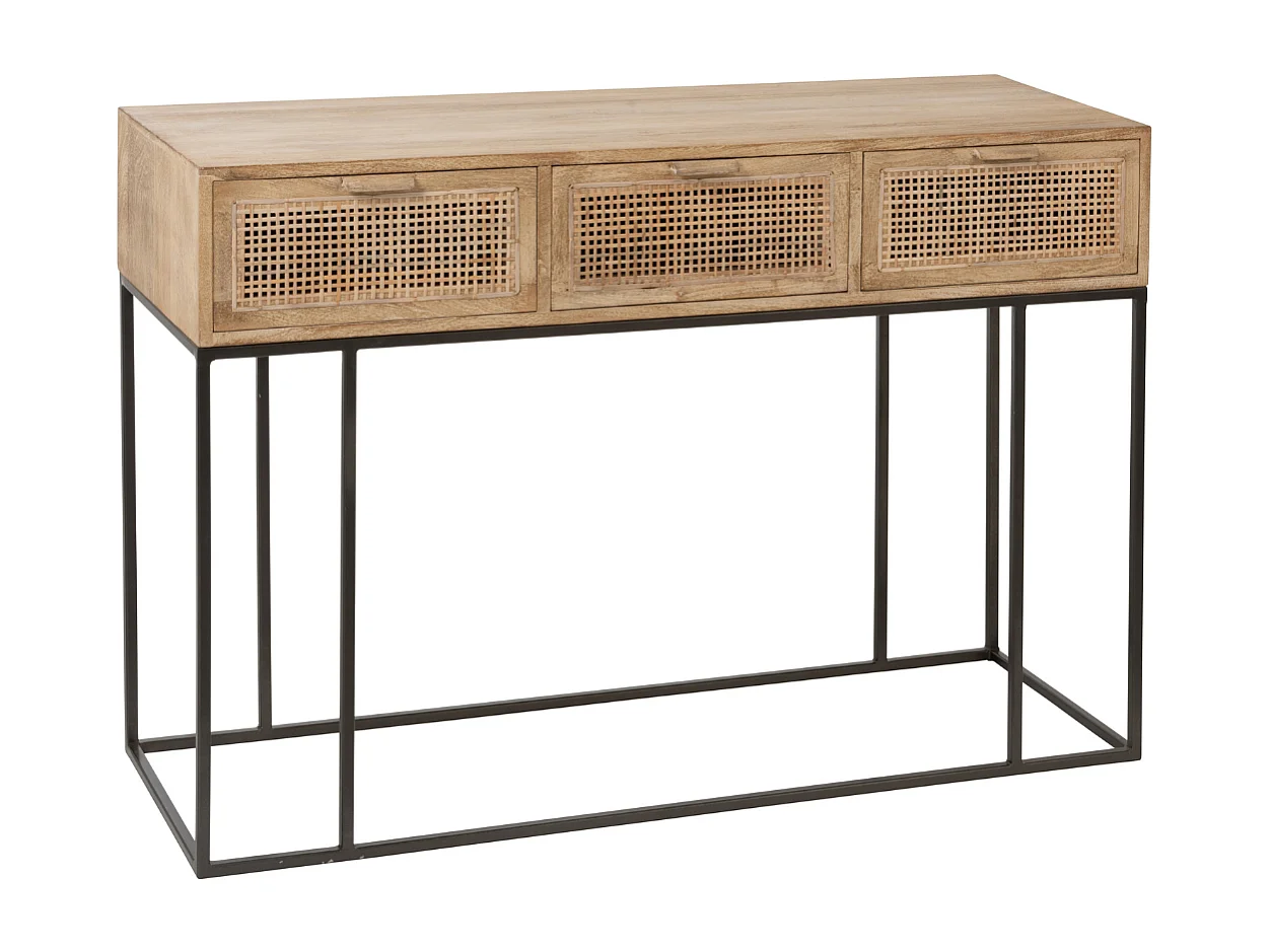 Konsole 3 Schubladen aus natürlichem Mangoholz und gewebtem Rattan