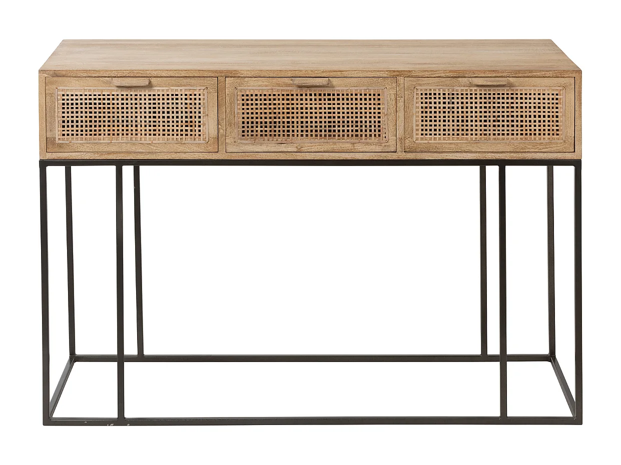 Konsole 3 Schubladen aus natürlichem Mangoholz und gewebtem Rattan