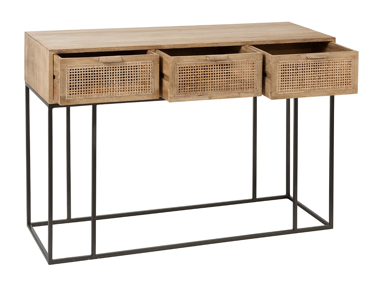 Konsole 3 Schubladen aus natürlichem Mangoholz und gewebtem Rattan