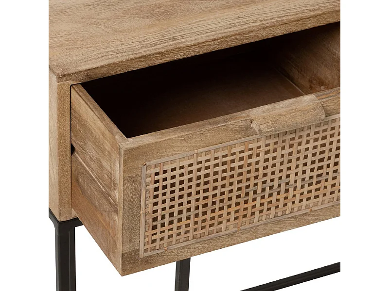 Konsole 3 Schubladen aus natürlichem Mangoholz und gewebtem Rattan