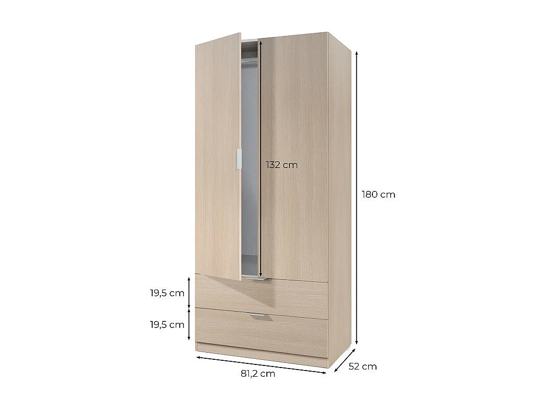 Armoire penderie 2 portes + 2 tiroirs L81 x H180 cm