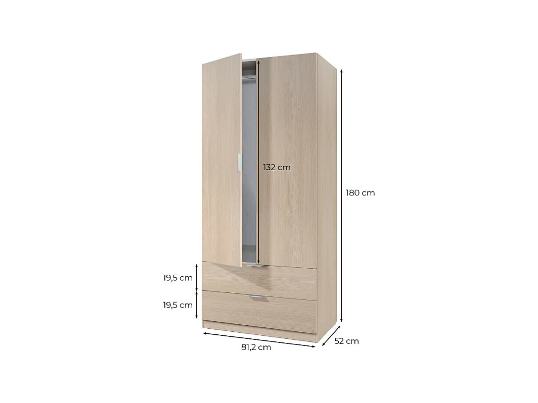 Kleiderschrank 2 Türen 2 Schubladen weißes 180x81,5x52cm