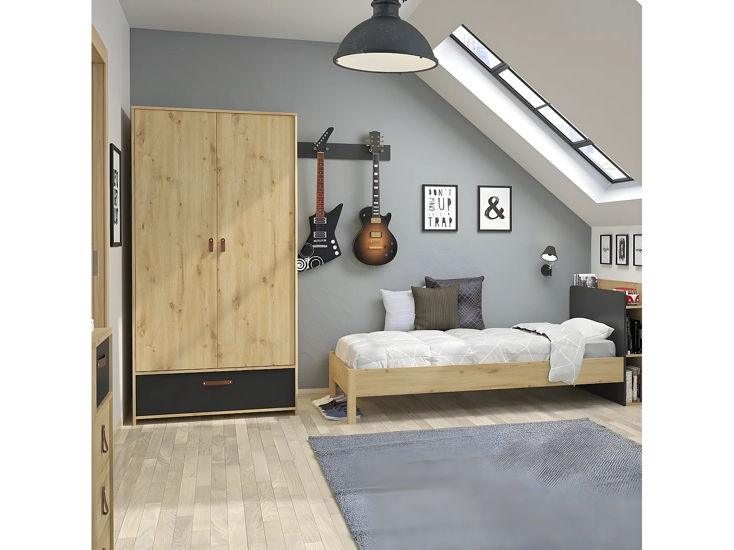 Kleiderschrank 2 Türen 1 Schublade industrieller Stil Eiche Handwerkskunst - Französische Herstellung