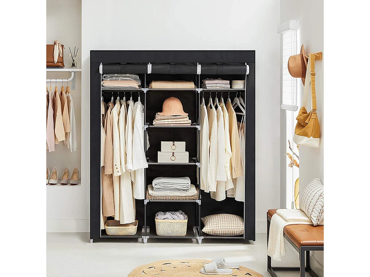 Faltbarer Kleiderschrank aus schwarzem Stoff mit Garderobe - L150 cm