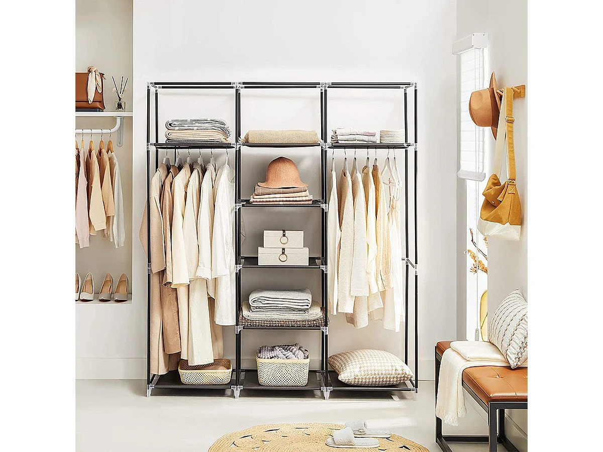 Armoire de Rangement Pliable en Tissu Noir avec Penderie - L150 cm