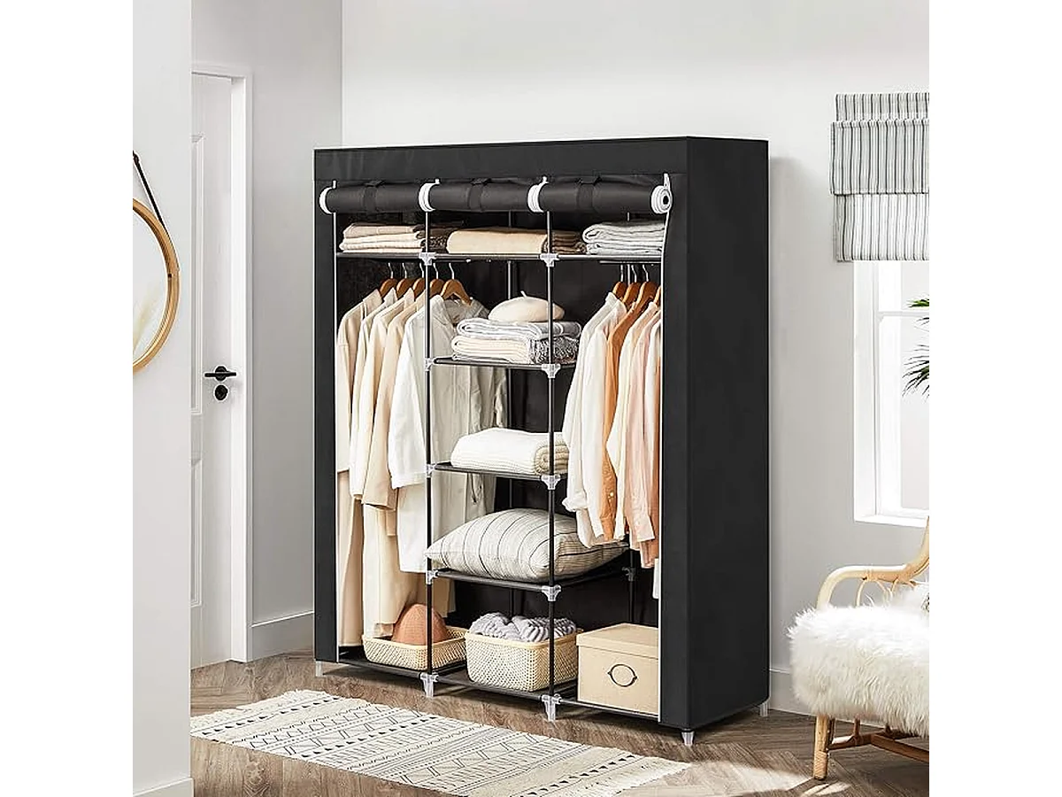 Armoire de Rangement Pliable en Tissu Noir avec Penderie - L150 cm
