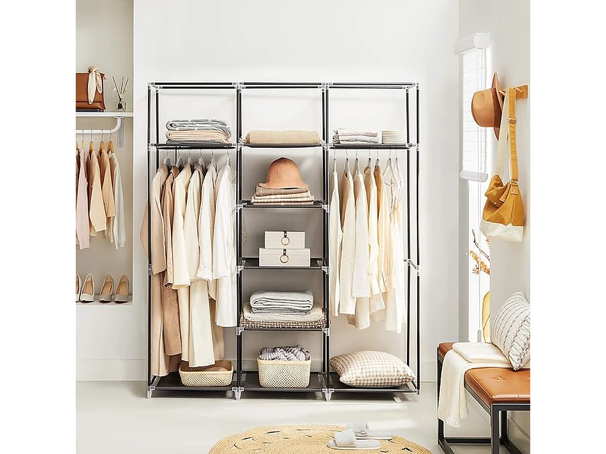 Opvouwbare zwarte stoffen opbergkast met kledingrek - L150 cm