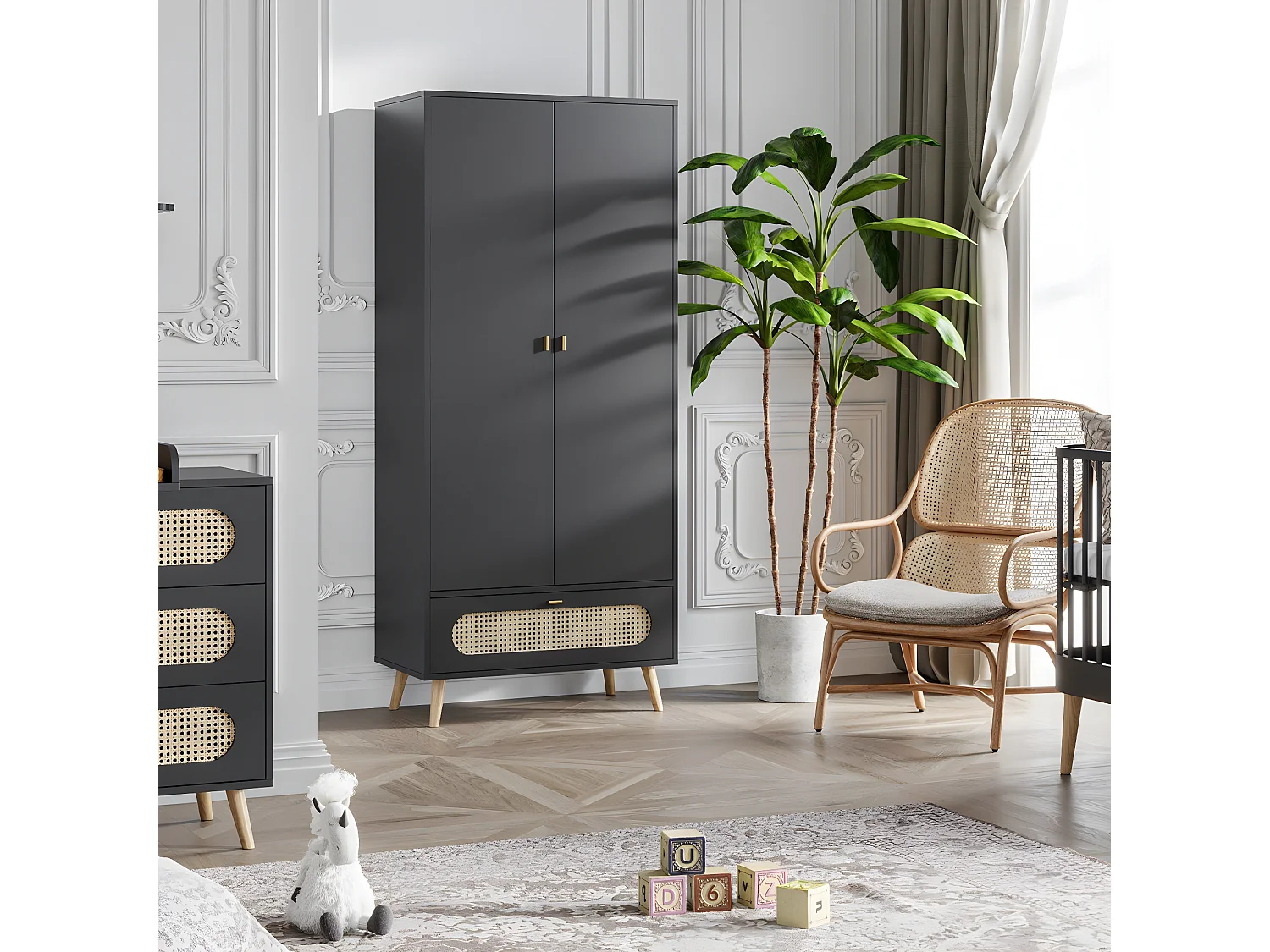 Schrank mit 2 Türen und 1 Schublade aus Rattan L85 x H195 cm - Canne