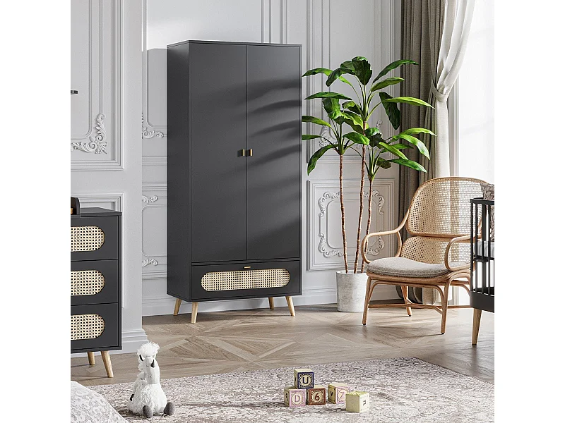 Armoire 2 Portes et 1 Tiroir avec Cannage en Rotin L85 x H195 cm - Canne