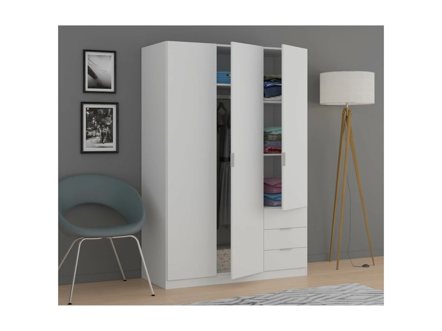 Roupeiro de baixo custo 3 portas 3 gavetas Blanco