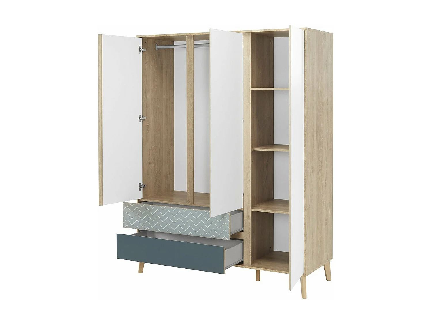 Kinderkleiderschrank mit 3 Türen und 2 Schubladen Weiß und Blau 153x200