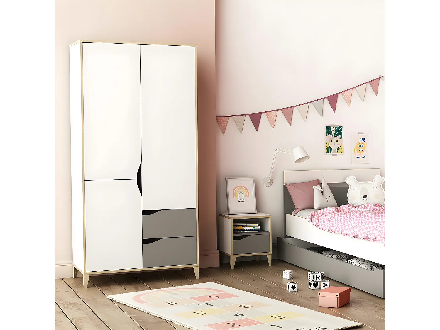 Armoire 3 Portes 2 Tiroirs L88,9 cm - Blanc et Gris - Genius