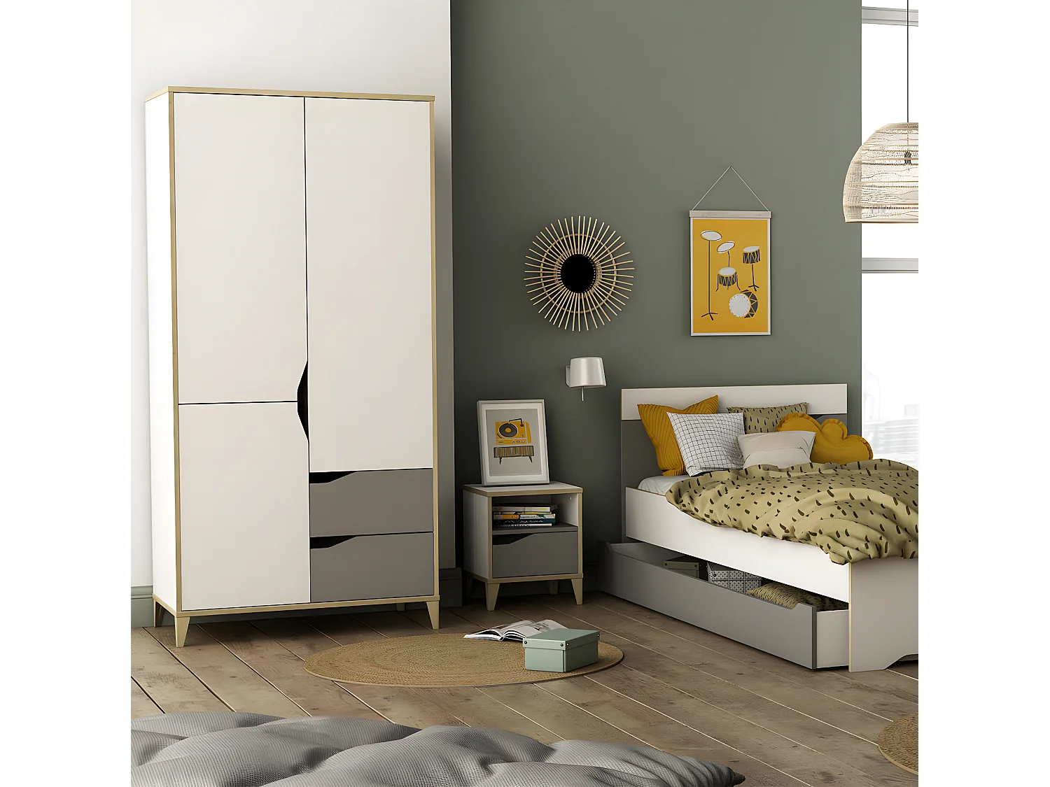Armoire 3 Portes 2 Tiroirs L88,9 cm - Blanc et Gris - Genius