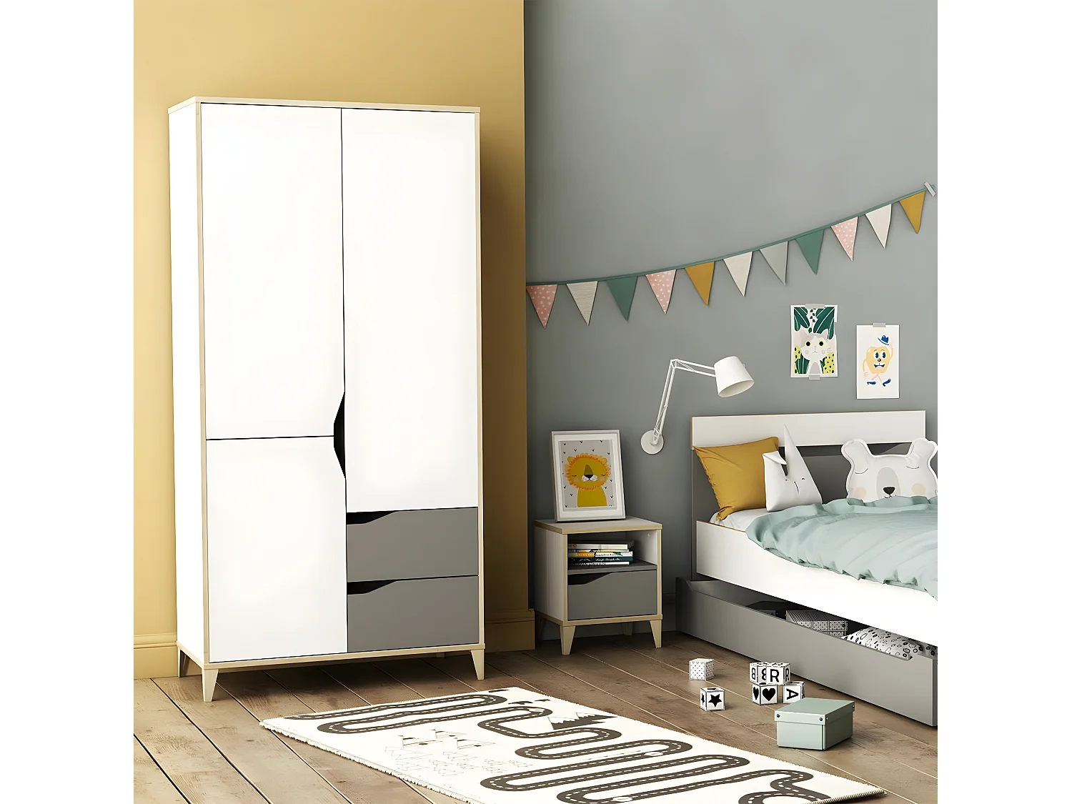 Armoire 3 Portes 2 Tiroirs L88,9 cm - Blanc et Gris - Genius