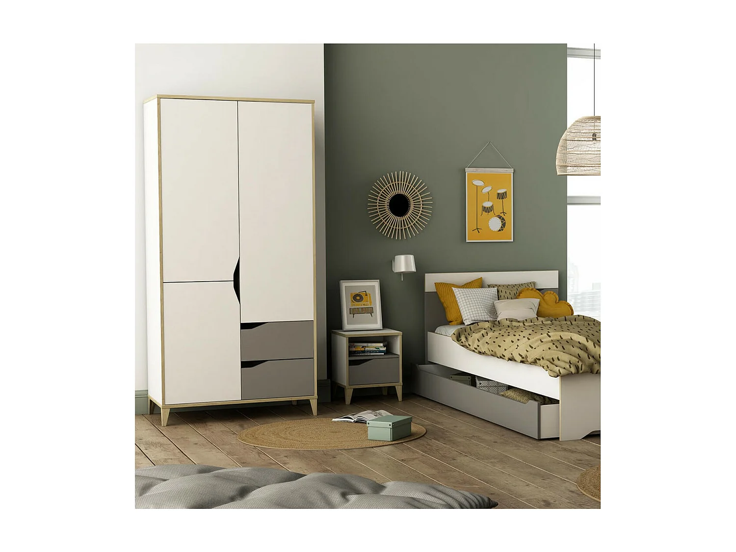 Armoire 3 Portes 2 Tiroirs L88,9 cm - Blanc et Gris - Genius