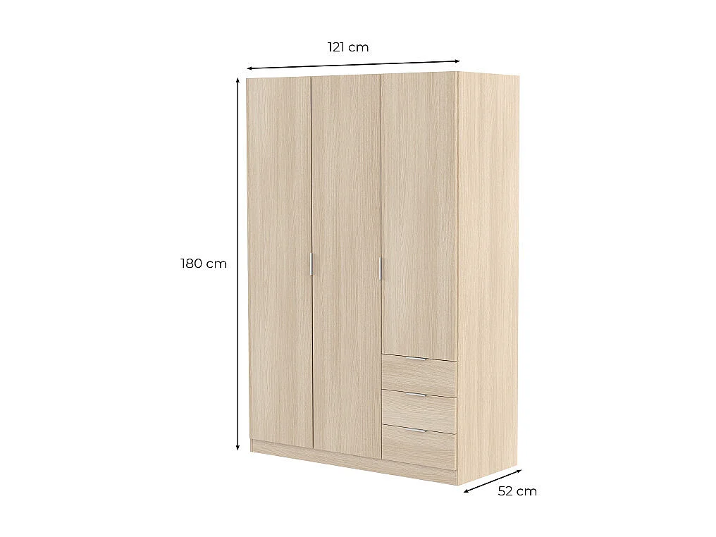 Armario LC 3 puertas + 3 cajones roble 180x121x52 cm