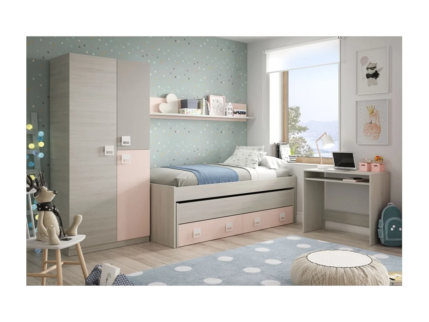 Armario 3 puertas aglomerado rosa 200x90x52cm