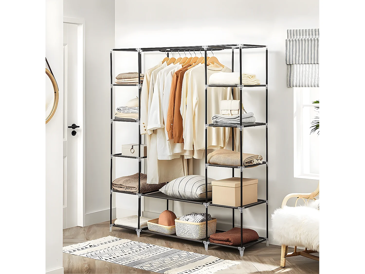 Faltbarer Kleiderschrank aus Stoff mit Kleiderstange und Regalen - L140 cm