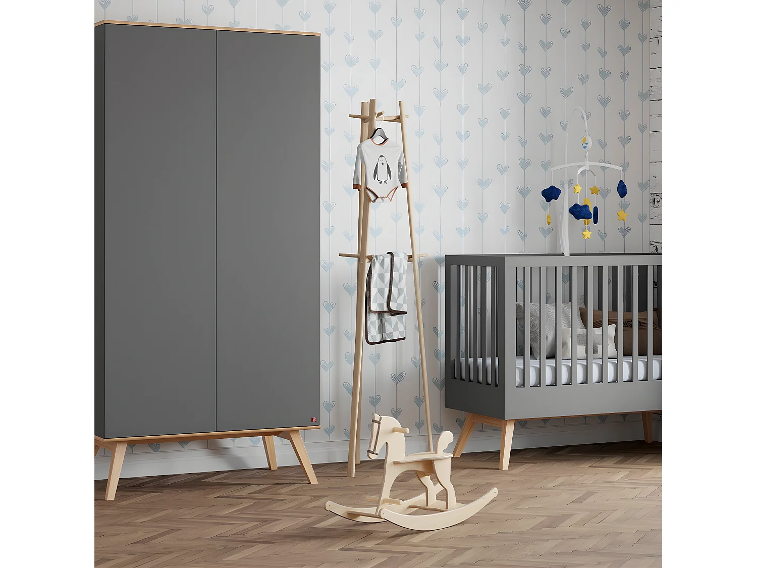 Kast met 2 deuren, kledingstang en 8 planken L100 x H207cm - Nature