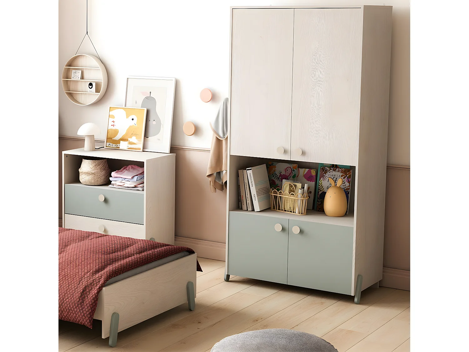 Armoire Scandinave 4 Portes 1 Niche, Décor Bois et Vert - L89 cm - Ilian