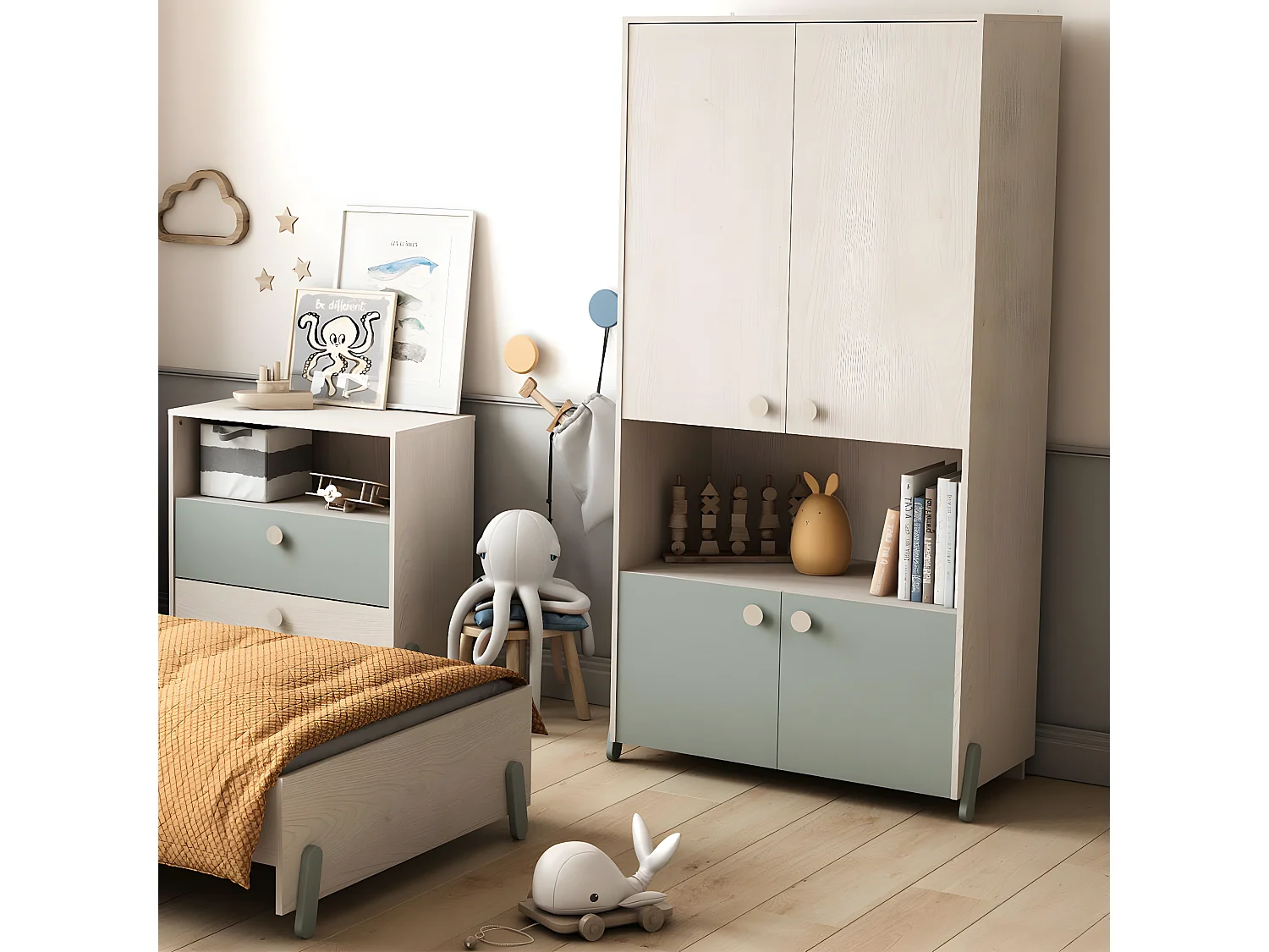 Armoire Scandinave 4 Portes 1 Niche, Décor Bois et Vert - L89 cm - Ilian