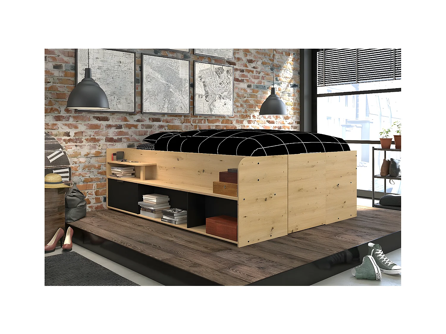 Lit avec Rangements Sous-Lit et Tiroir - 140x190/200 cm - Travel