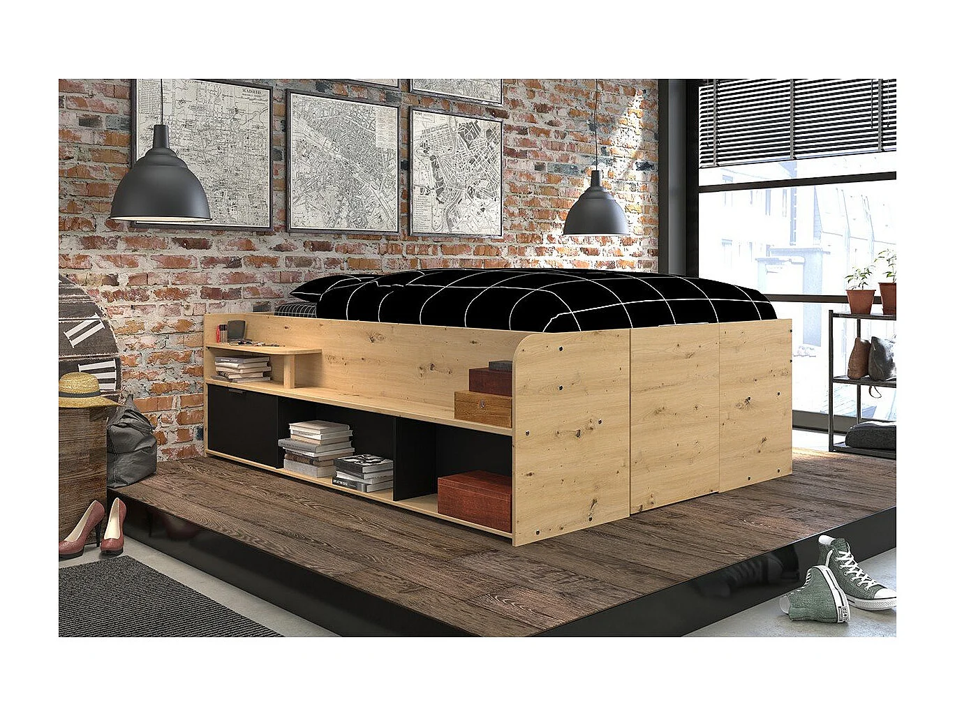 Lit avec Rangements Sous-Lit et Tiroir - 140x190/200 cm - Travel