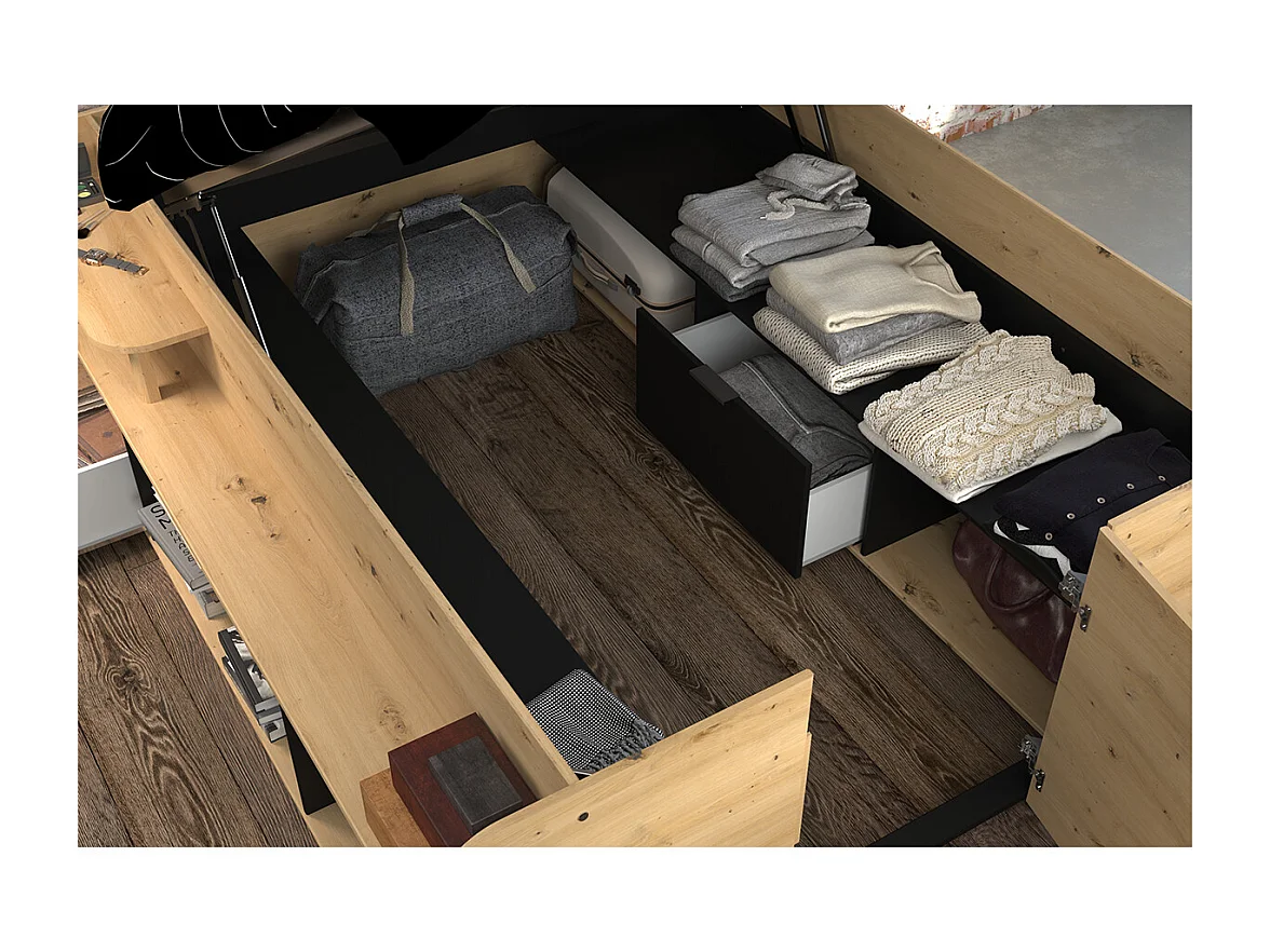 Lit avec Rangements Sous-Lit et Tiroir - 140x190/200 cm - Travel