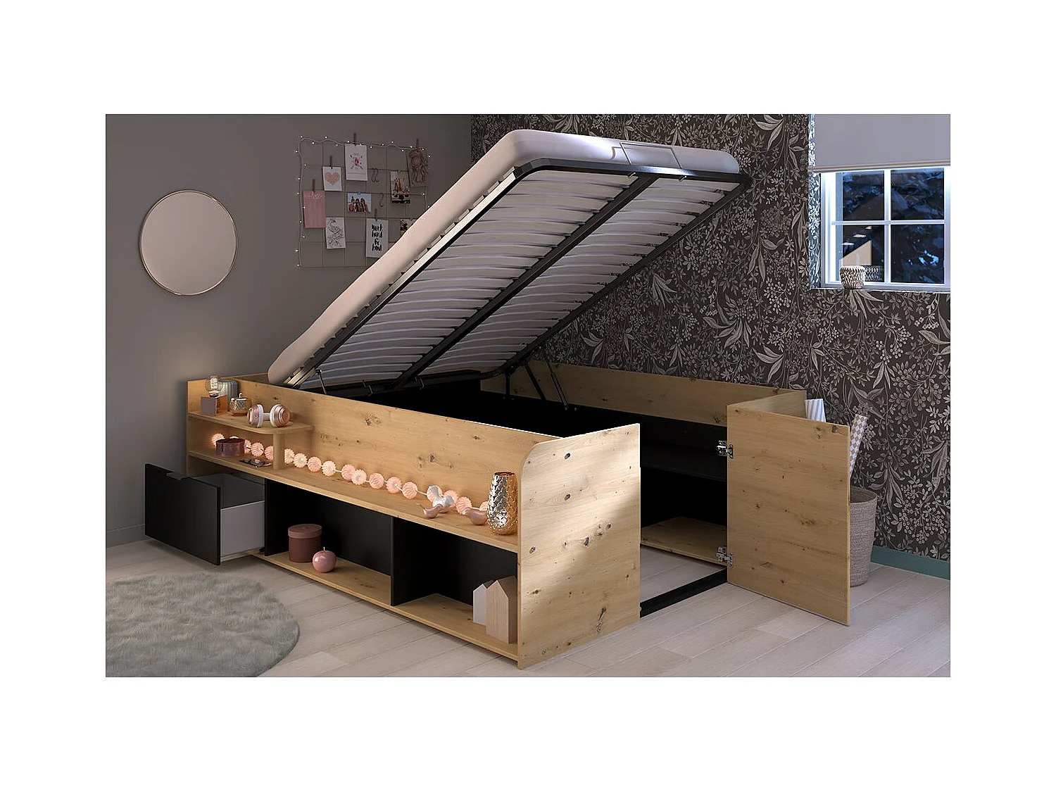 Lit avec Rangements Sous-Lit et Tiroir - 140x190/200 cm - Travel