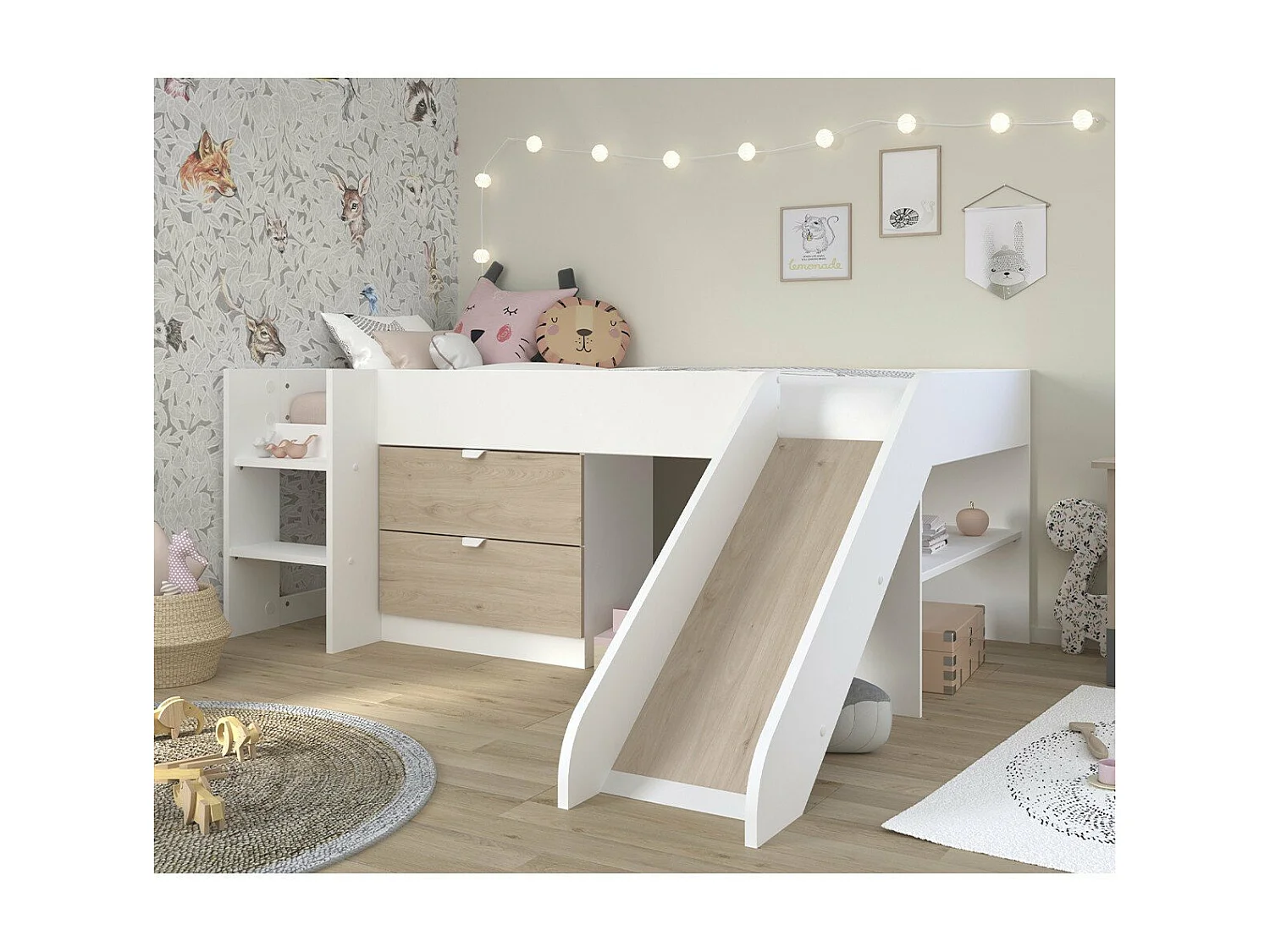 Lit mi-haut avec 2 Tiroirs et Toboggan 90x200 cm - Tobo