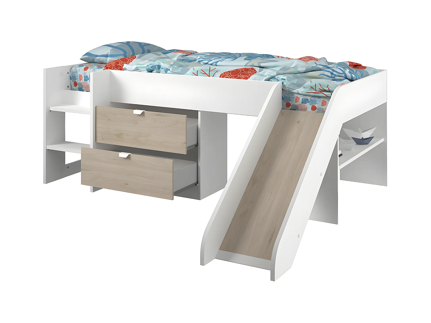 Lit mi-haut avec 2 Tiroirs et Toboggan 90x200 cm - Tobo