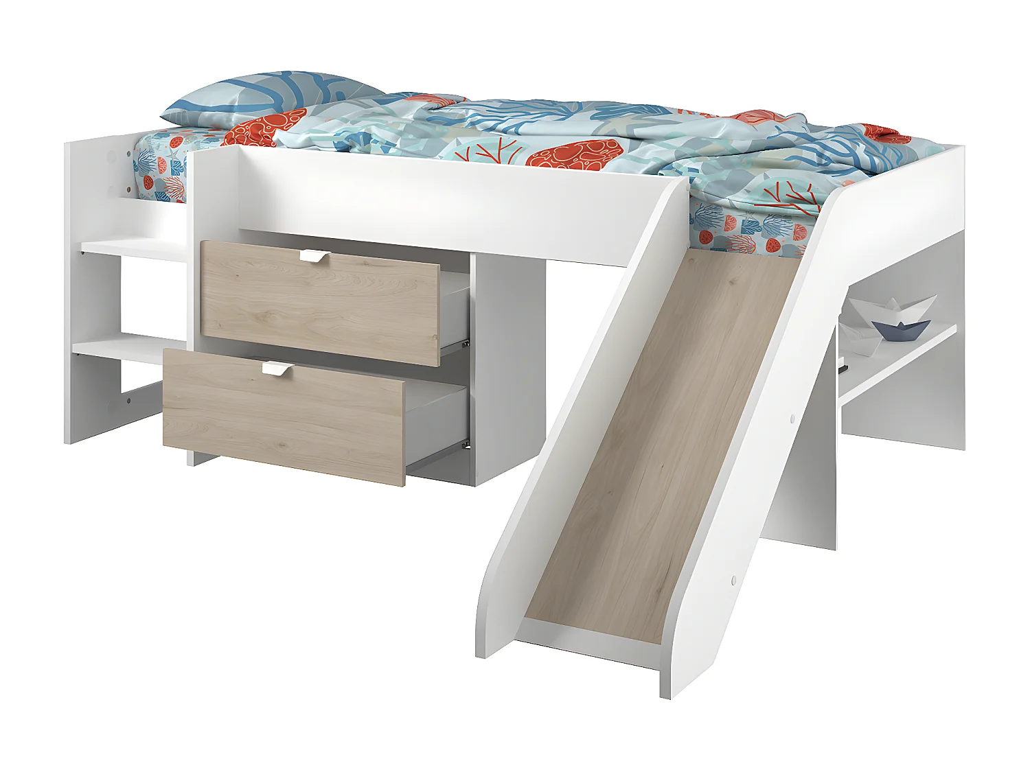 Lit mi-haut avec 2 Tiroirs et Toboggan 90x200 cm - Tobo