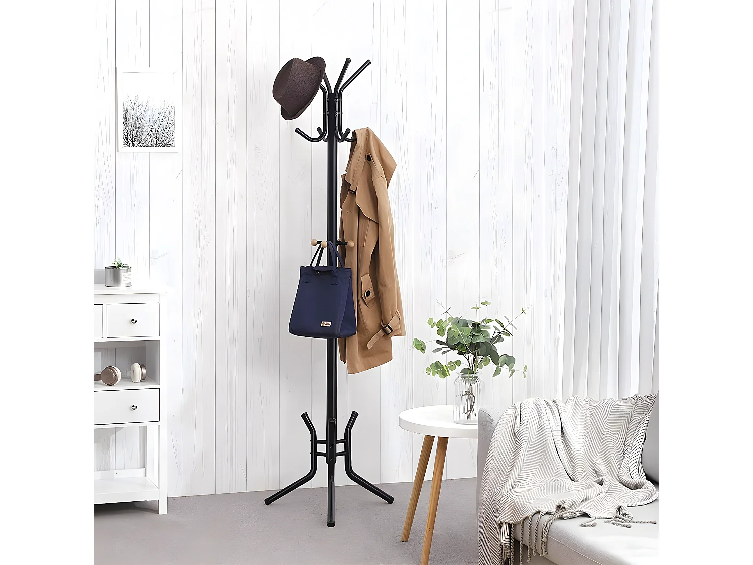 Porte-manteaux Noir sur Pied à 12 Crochets - H178 cm