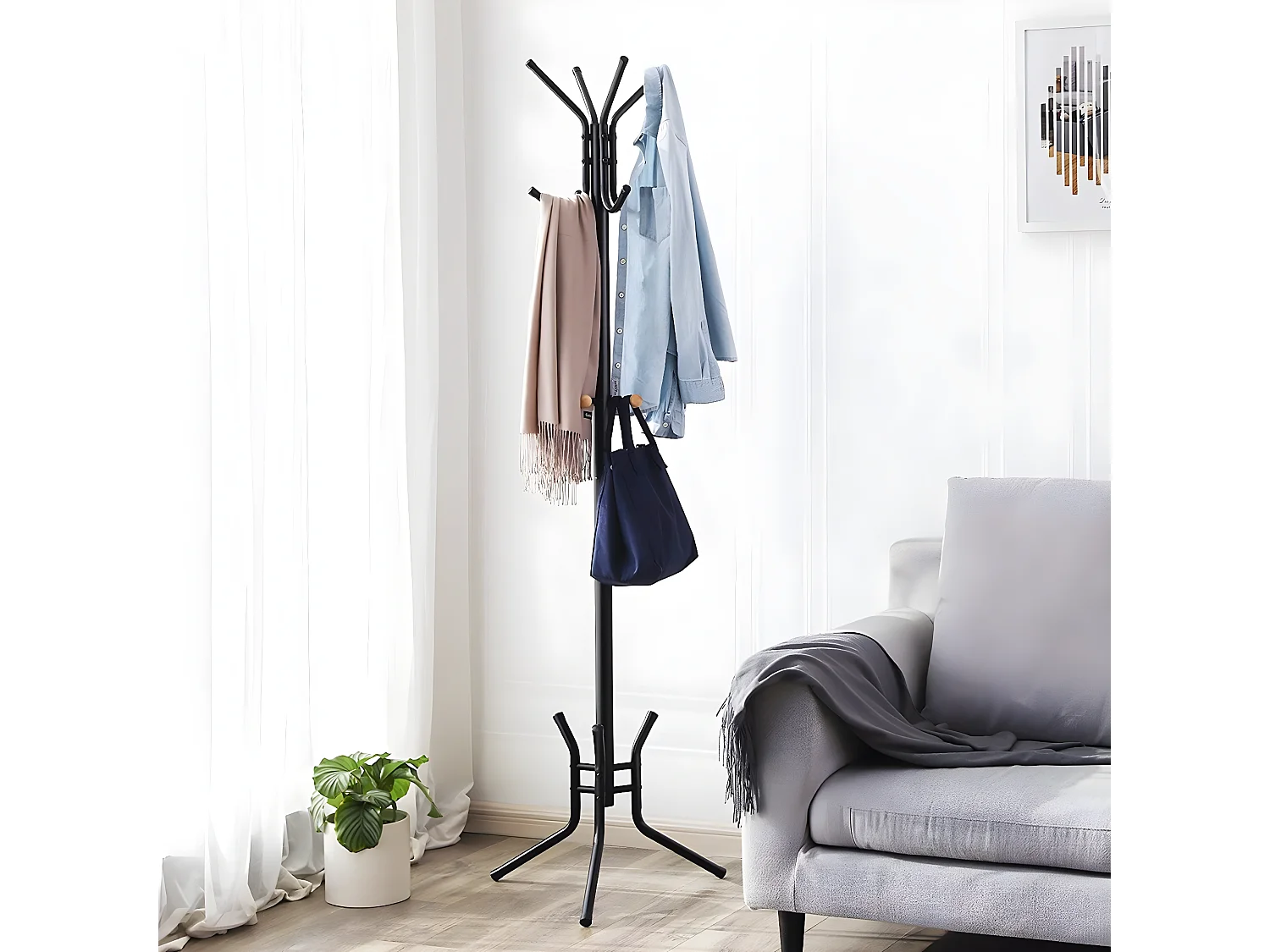 Porte-manteaux Noir sur Pied à 12 Crochets - H178 cm
