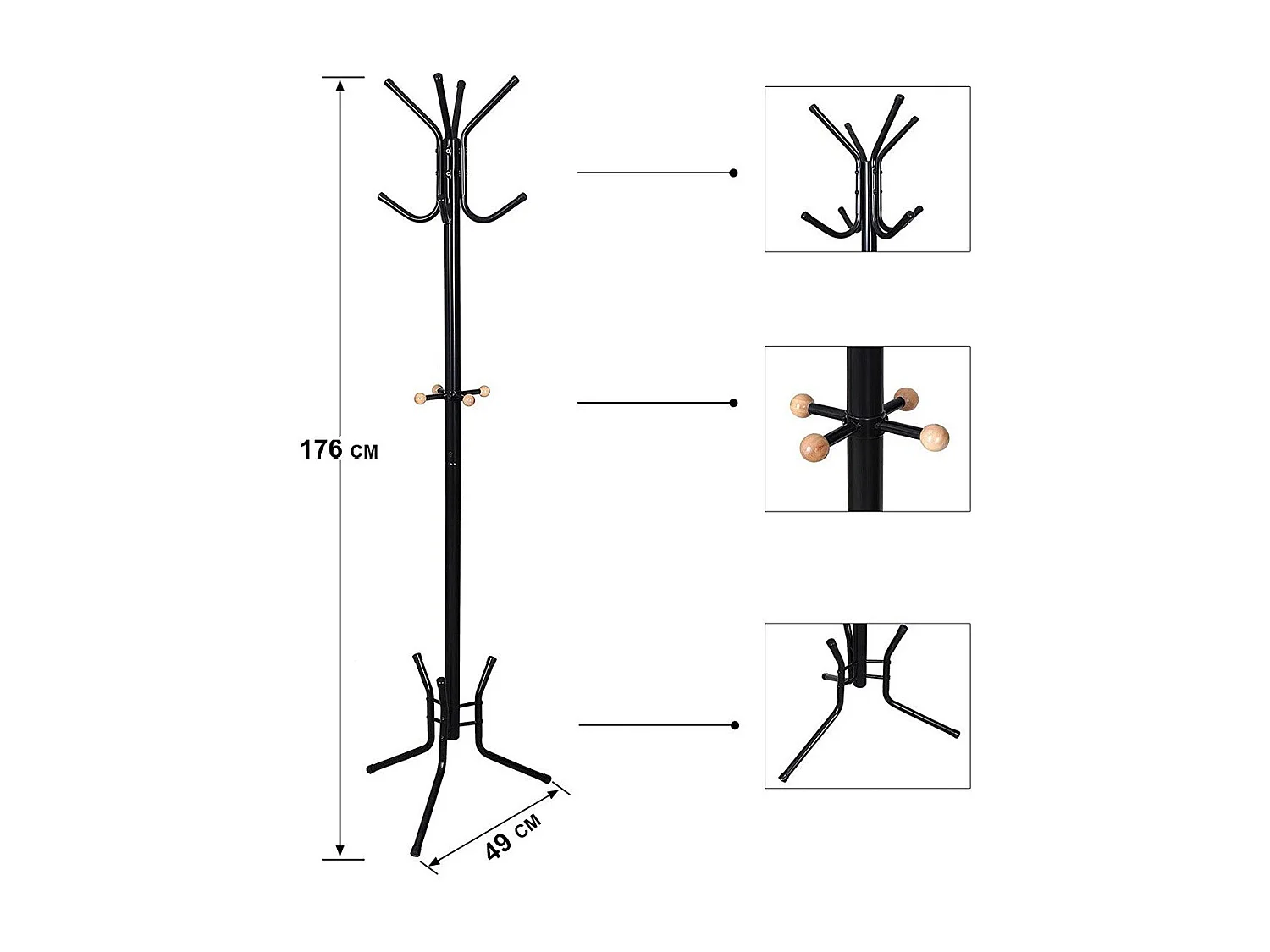 Porte-manteaux Noir sur Pied à 12 Crochets - H178 cm