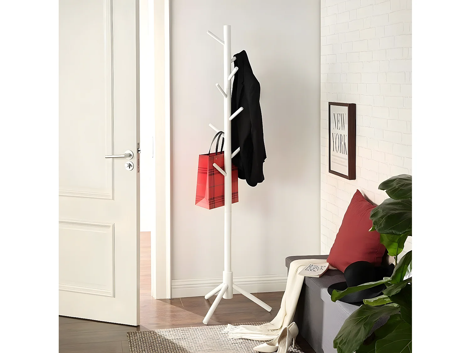 Porte-manteau Blanc en Bois sur Pieds, 8 Crochets - H175 cm