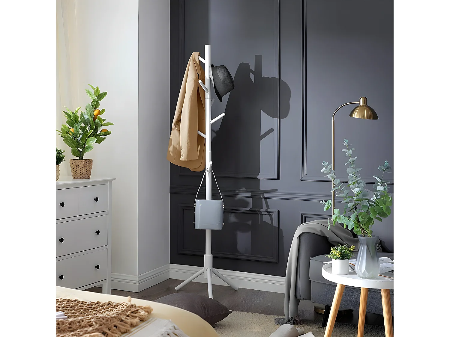 Porte-manteau Blanc en Bois sur Pieds, 8 Crochets - H175 cm