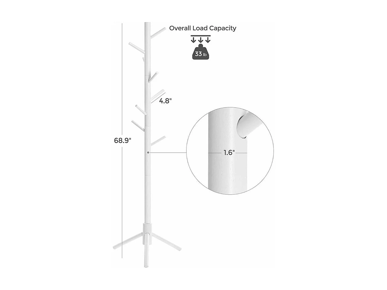 Porte-manteau Blanc en Bois sur Pieds, 8 Crochets - H175 cm