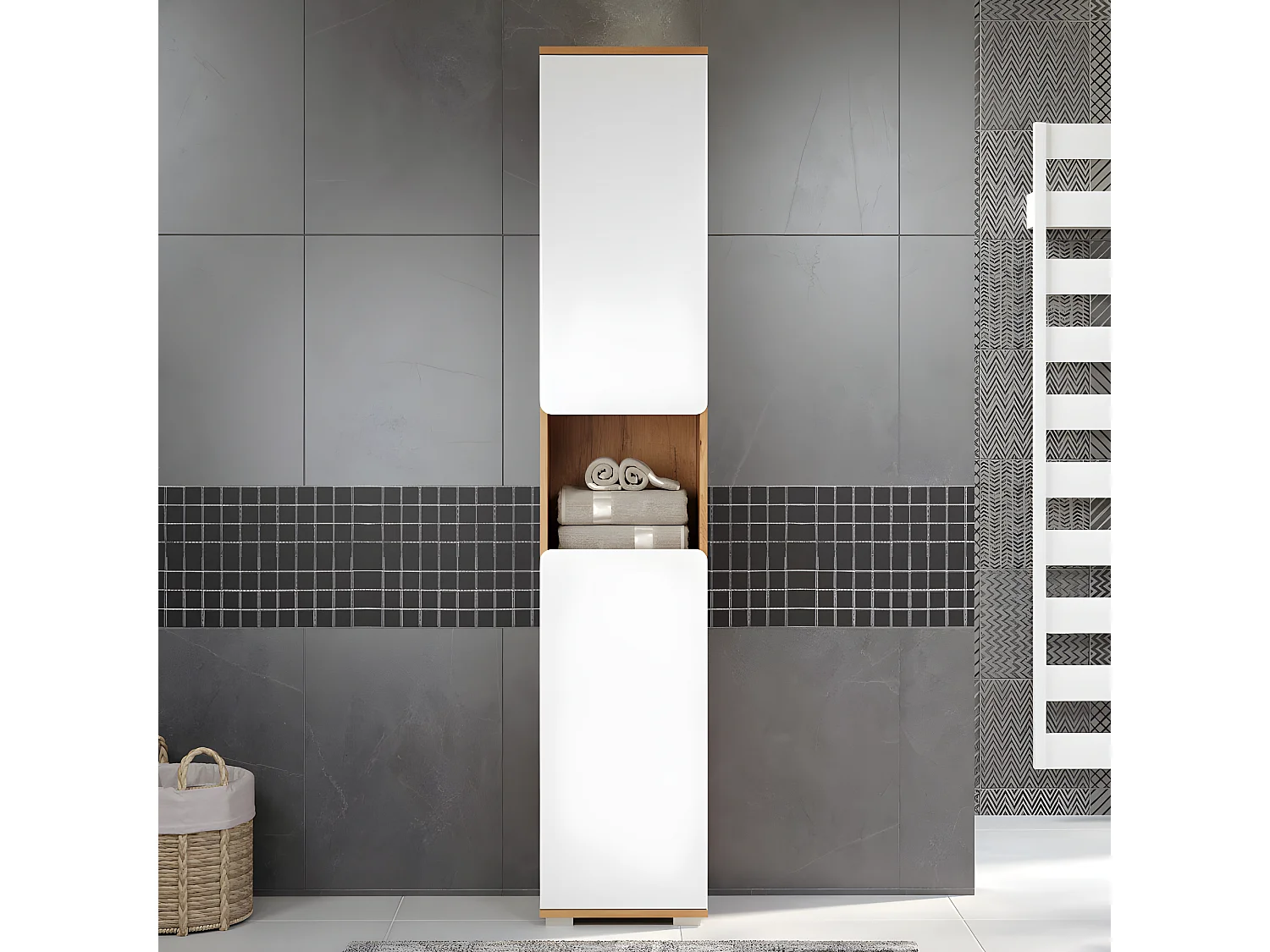 Ciara kolomkast 2 deuren, 1 open vak artisanaal eiken decor, wit hoogglans.