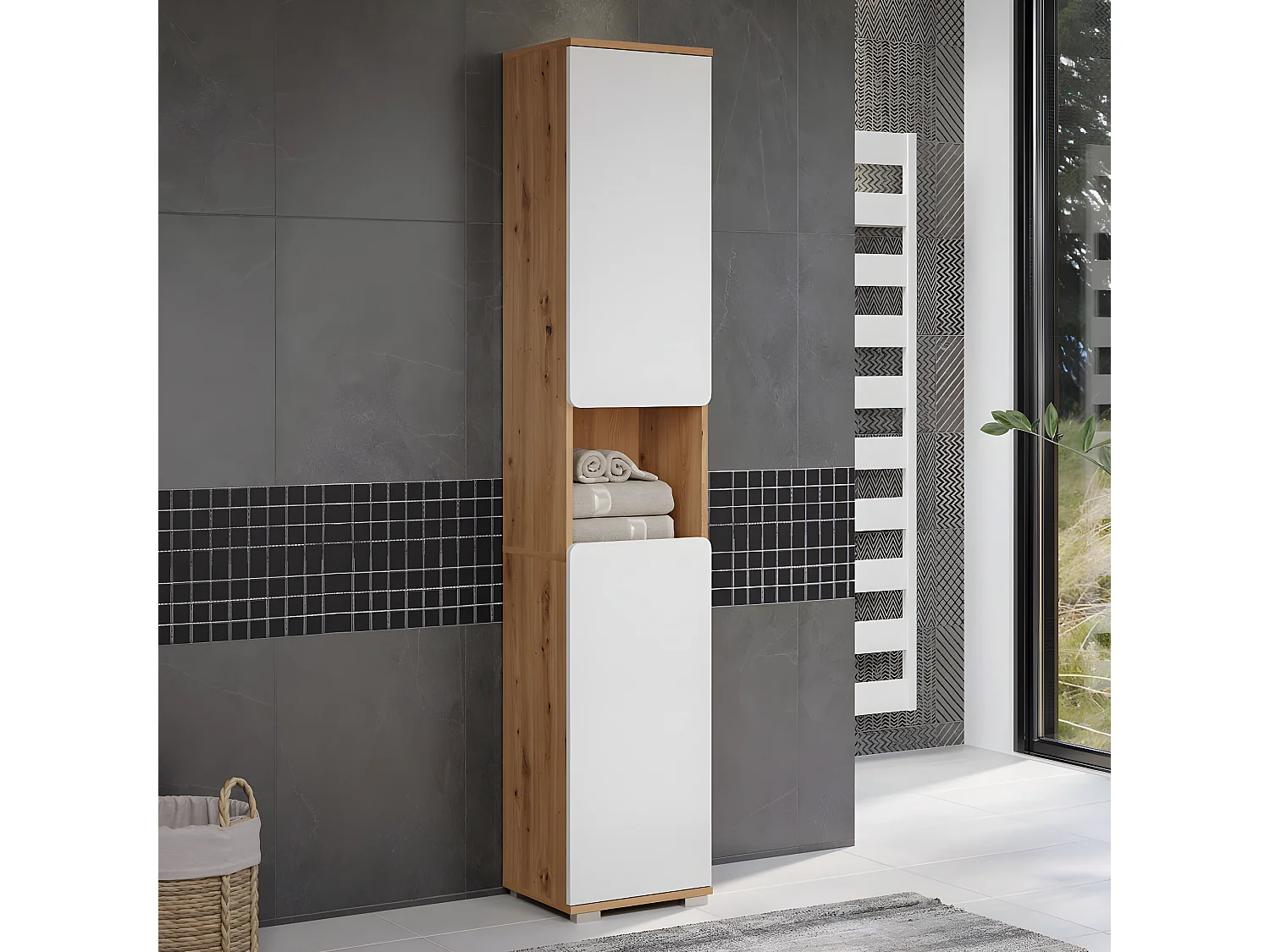 Ciara kolomkast 2 deuren, 1 open vak artisanaal eiken decor, wit hoogglans.