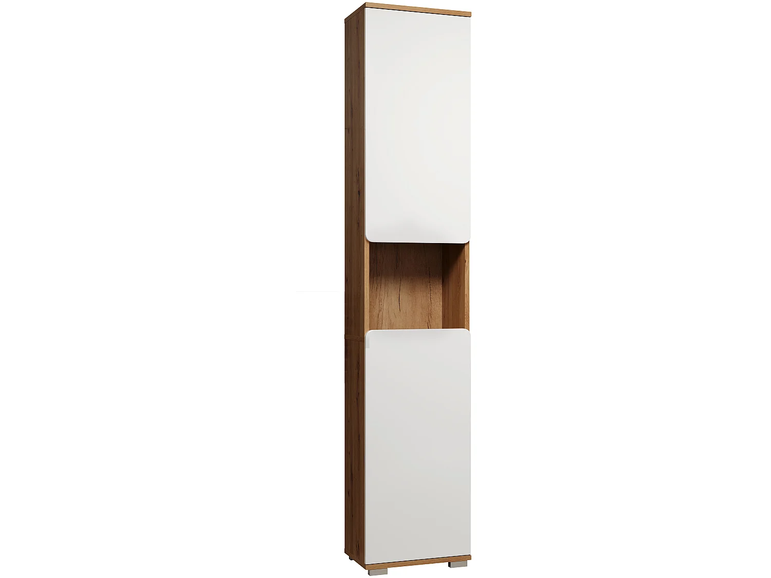 Ciara kolomkast 2 deuren, 1 open vak artisanaal eiken decor, wit hoogglans.